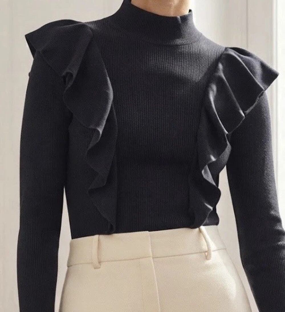 Veronica Beard Jeans Women’s Top L Black Solid Knit Mock Neck Ruffle Stretch